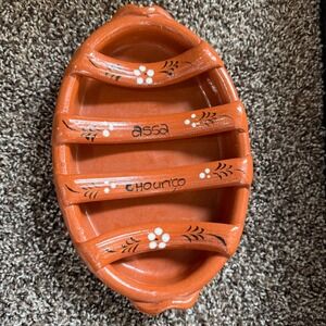 Artisan hand painted Portuguese Terracotta Pottery Sausage Chorizo Holder Server